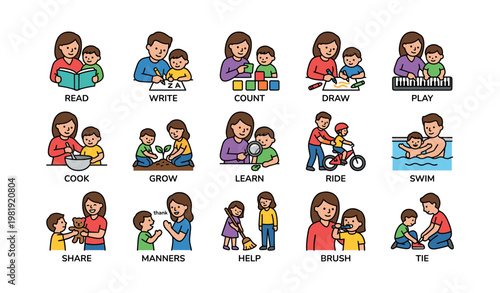 Mother and child performing various activities together