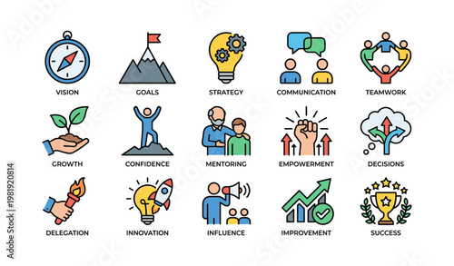 Illustrated icons depicting leadership concepts like vision, goals, strategy, and empowerment