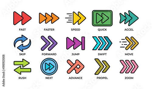 Colorful arrow icons illustrating speed and direction in various styles