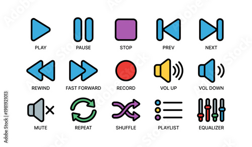 Multimedia control icons including play, pause, rewind, shuffle, and equalizer