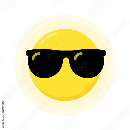 Isolated illustration of yellow smiley face wearing black sunglasses representing cool attitude, confidence, happiness, and stylish expression in cartoon graphic style