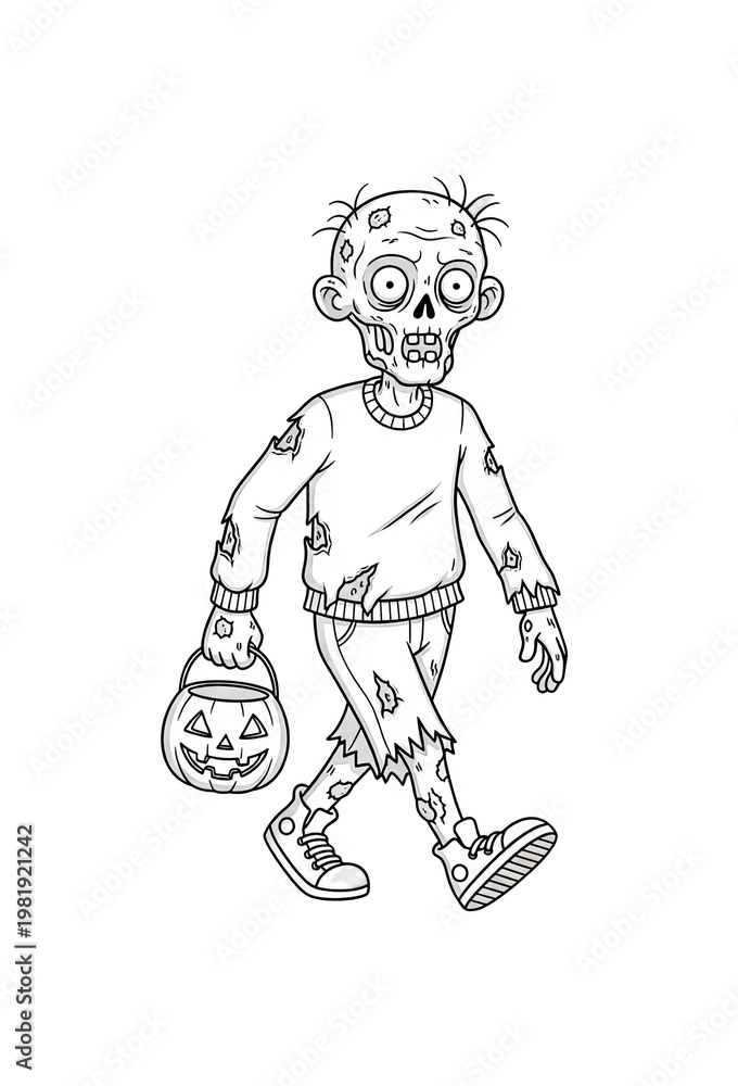 Fototapeta premium Zombie carrying a pumpkin jack o lantern for Halloween, black and white cartoon