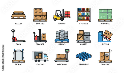 Warehouse equipment icons featuring pallets, forklift, crates, and storage solutions