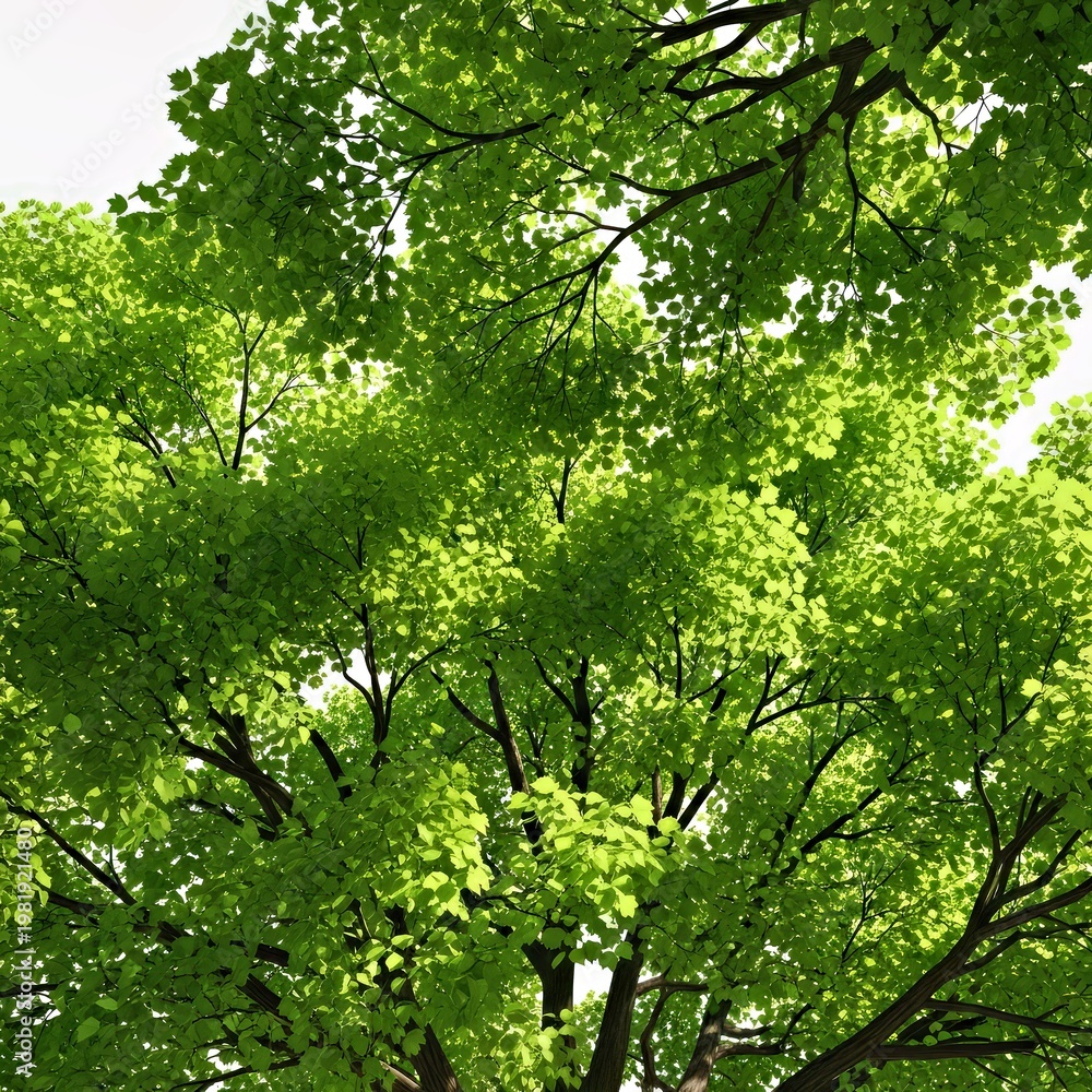 Fototapeta premium Vibrant Green Canopy of Tall Trees Bathed in Sunlight From Below