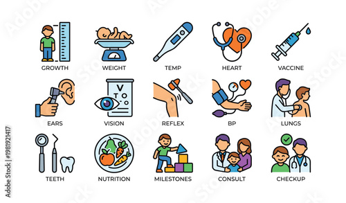 Child health icons: growth, nutrition, checkup essentials illustrated