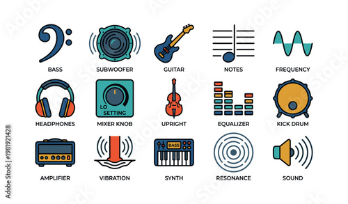 Musical instrument icons: guitar, synth, bass, frequency, equalizer, resonance