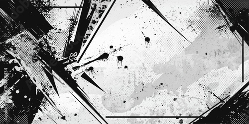 Geometric Abstraction: A black and white abstract artwork featuring a dynamic interplay of geometric shapes, splatters and lines.