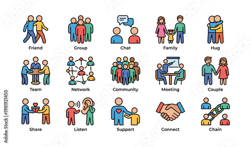 Colorful icons representing various social interactions and concepts