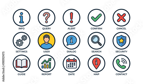 Set of circular icons for info, alerts, settings, and more