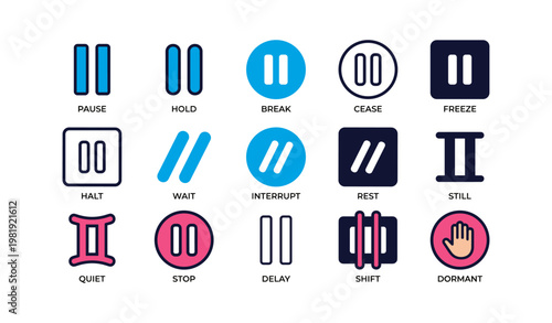Icons set illustrating pause and stop actions in various styles and colors