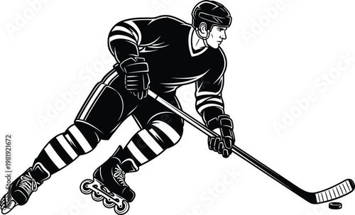 Detailed black vector illustration of an inline hockey player in action pose with stick and puck isolated on white background for sports design