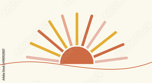 Minimalist boho sun rising over horizon line in earthy terracotta colors isolated on cream background for modern nursery wall art and lifestyle branding