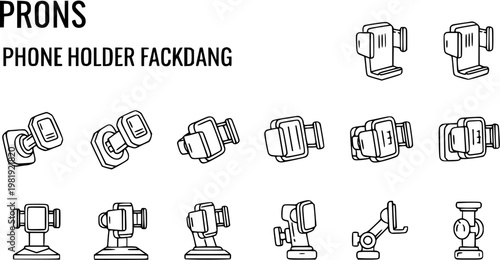 Black and White Line Art Icons of Various Phone Holders for Technology and Automotive Industries