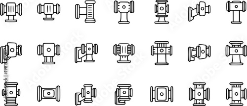 Plumbing Pipe Fittings Line Art Icons Set. Outline Vector Connectors for Industrial Water and Gas Systems, Construction, Engineering