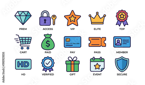 Collection of colorful icons representing rewards, security, shopping, and events