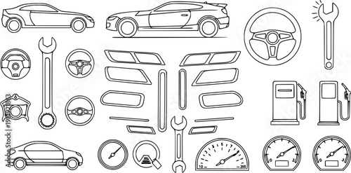Automotive Car Parts, Repair Tools, Steering Wheels, Fuel Pumps, and Dashboard Gauges Vector Outline Icon Set in Black  White Line Art Style