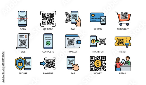 Digital payment icons featuring qr codes and contactless transactions