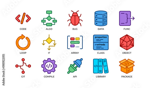Colorful programming and software development icons set