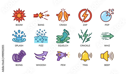 Colorful sound effect icons representing various onomatopoeic words in cartoon style