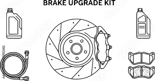 Brake Upgrade Kit Line Art: Disc Rotor, Caliper, Pads, Fluid Bottles, Hose