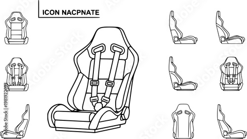 Automotive Motorsport Racing Car Seat Vector Line Art Icons Set. Black and White Outline Collection of Sport Bucket Seats with Safety Harnesses in Various Views.