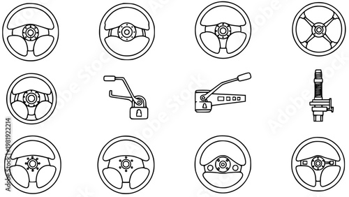 Automotive Steering Wheels and Car Control Parts Outline Icons Set