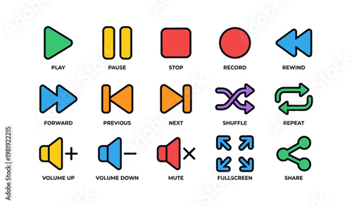 Colorful media control icons set: play, pause, stop, record, shuffle, share