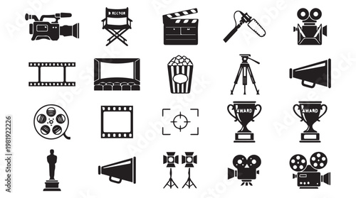 Flat lay collection of black film and cinema icons on Transparent Background for media production and entertainment