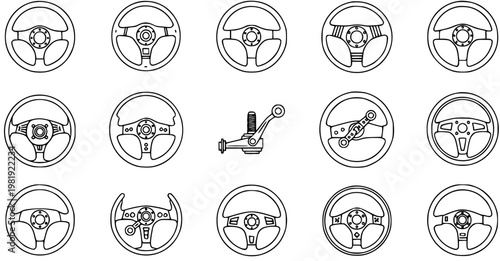 Automotive Steering Wheels and Vehicle Parts Outline Line Art Icons Set. Black  White Vector Collection for Car, Racing, and Auto Industry Design.