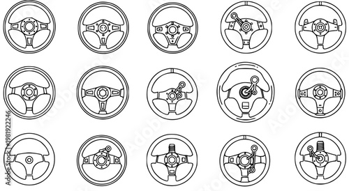 Automotive Steering Wheels Line Art Icons Set. Collection of Outline Racing Car Driver Control Glyphs for Driving and Gaming Accessories.