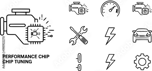 Automotive Performance Chip Tuning Line Art Vector Icons: Engine, Speedometer, Gear, Wrench for Car Upgrade  Power