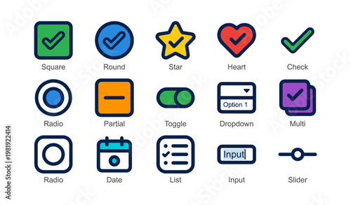 Colorful ui icon set featuring shapes, toggles, and interface elements for digital design