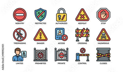 Security and safety sign icons indicating restricted and hazardous access