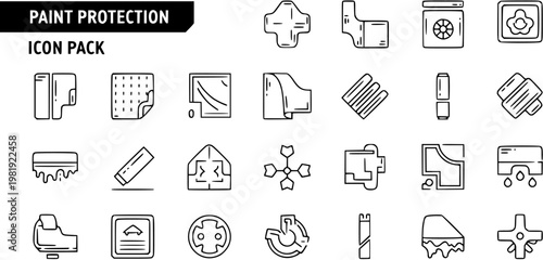 Automotive Paint Protection Line Art Icons Pack. Vehicle Detailing, Car Care, and Surface Coating Outline Elements for PPF and Wax Application.