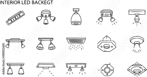 Interior LED Backlight Icons: Modern Lighting Fixtures in Line Art Style