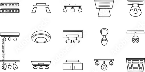 Set of Black and White Line Art Icons for Interior Lighting Fixtures and Ceiling Lights