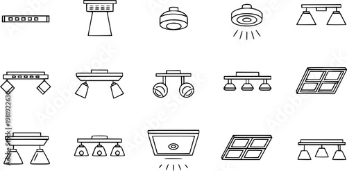 Black and White Line Art Icons of Various Ceiling Light Fixtures and Lamps
