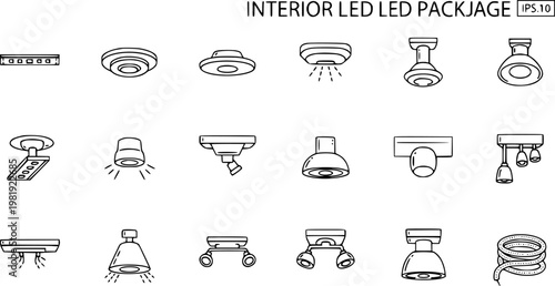 Black and White Line Art Icons of Interior LED Lighting Fixtures for Homes and Offices