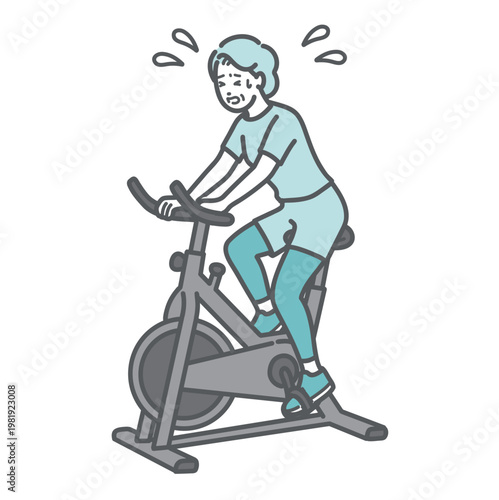 汗だくでフィットネスバイクを漕ぐシニア女性のイラスト