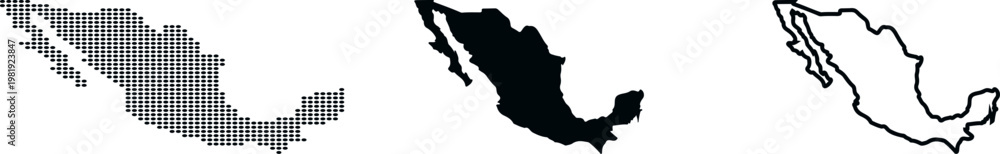 Fototapeta premium Mexico map in three styles dotted silhouette and outline on white background country North America