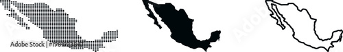 Mexico map in three styles dotted silhouette and outline on white background country North America