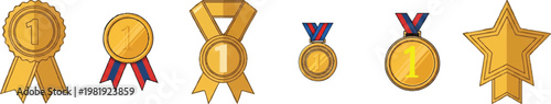 Golden award medals and winner ribbons set, first place trophy icons with number one, 6 vector elements for sports and business achievement