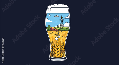 Illustration of a beer glass filled with a rural landscape featuring golden wheat fields farm buildings and power lines.