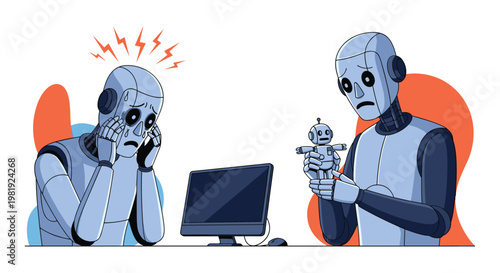 Two humanoid robots experiencing human emotions of stress and sadness while interacting with computer and small toy robot.