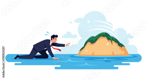 Determined businessman in a suit crawling through blue water trying to reach a small tropical island with green trees.