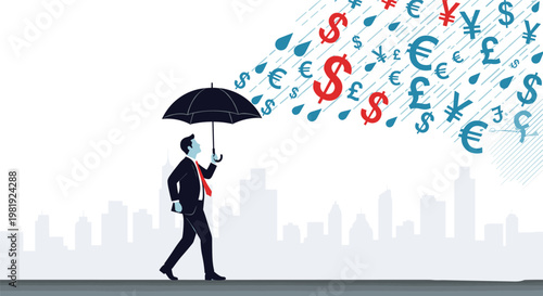 Businessman walking with an umbrella as it rains various global currency symbols including dollars euros and pounds.