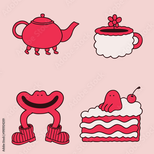 Quirky Surreal Pink Character Icon Set featuring Walking Teapot and Dessert Monsters