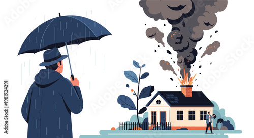 Man holding an umbrella watching a house with heavy smoke pouring from its chimney during a rainy day in vector art.