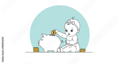 Adorable baby girl sitting on the floor and carefully putting a gold coin into a white piggy bank for future savings.