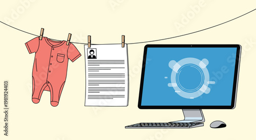 Baby romper and professional resume hanging on a clothesline next to a computer monitor illustrating work life balance.